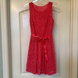 Adorable coral lace overlay dress with ribbon belt! Perfect condition! 💕